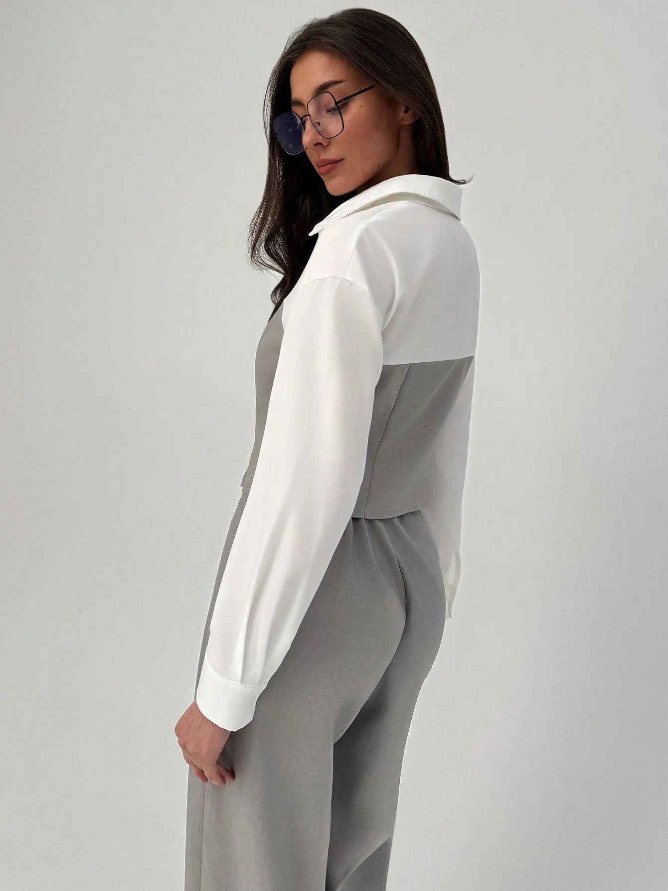 2pcs Elegant Commute Mock Shirt & Straight Leg Pants Suit Set