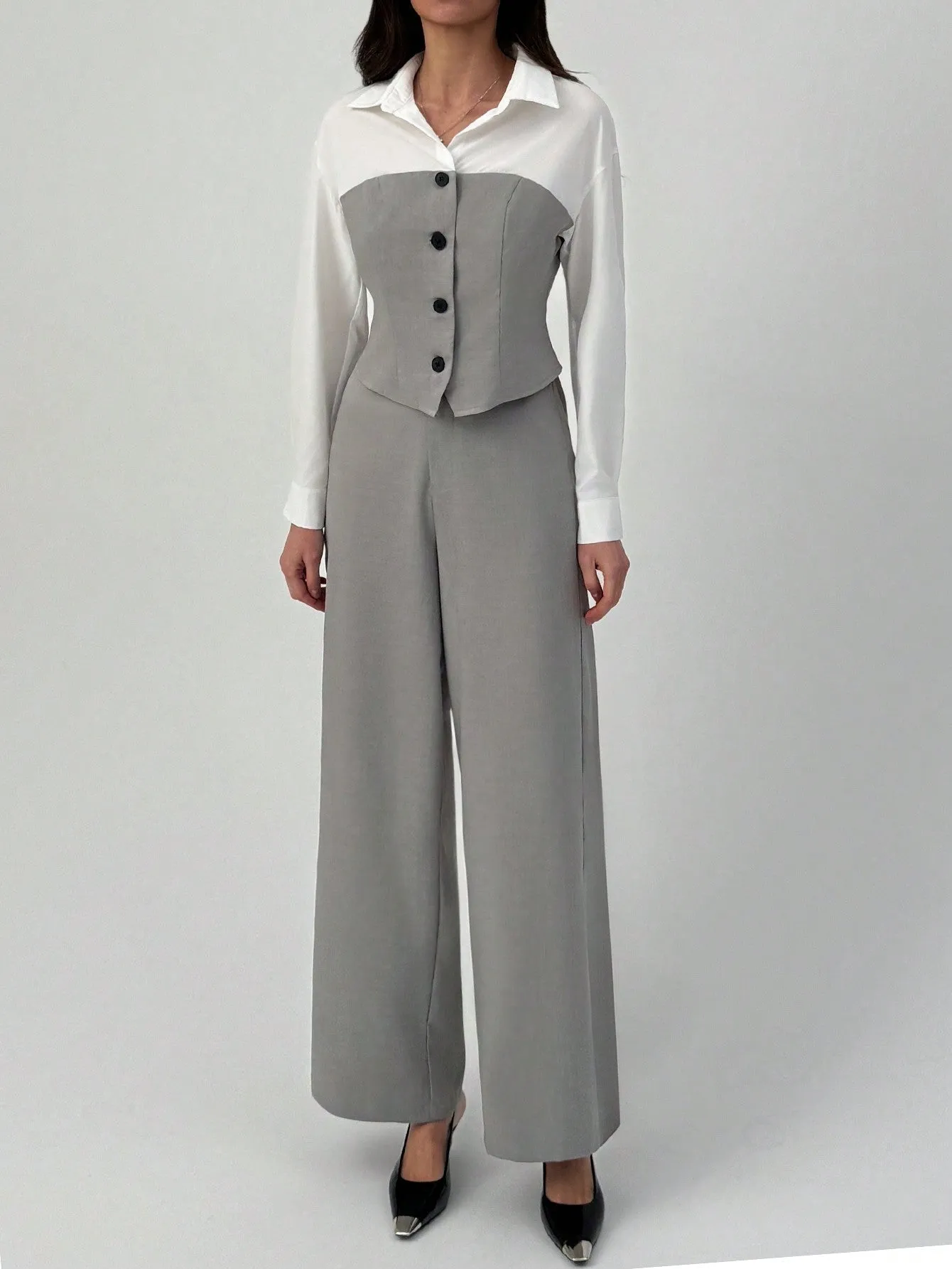 2pcs Elegant Commute Mock Shirt & Straight Leg Pants Suit Set