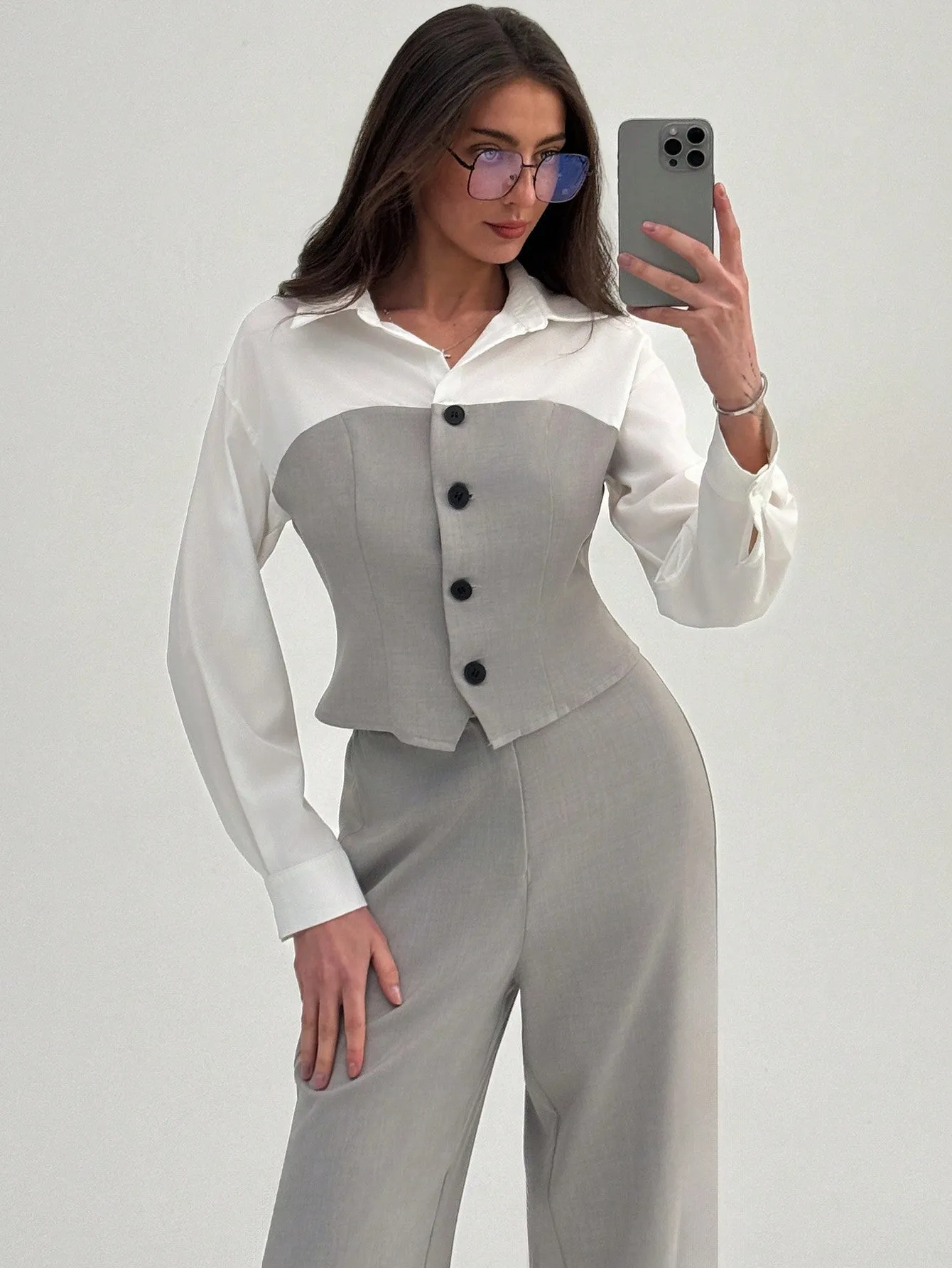 2pcs Elegant Commute Mock Shirt & Straight Leg Pants Suit Set