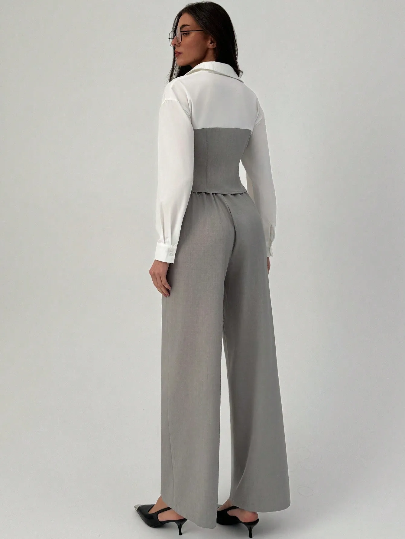 2pcs Elegant Commute Mock Shirt & Straight Leg Pants Suit Set
