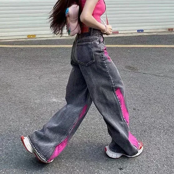 American Vibe Retro Pink Graffiti High-End Gray Denim Jeans for Women, High Street Loose Straight-Leg Wide-Leg Floor-Length Pants