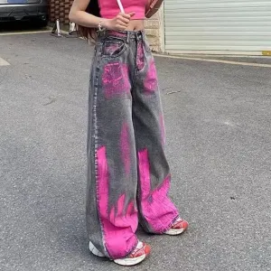 American Vibe Retro Pink Graffiti High-End Gray Denim Jeans for Women, High Street Loose Straight-Leg Wide-Leg Floor-Length Pants