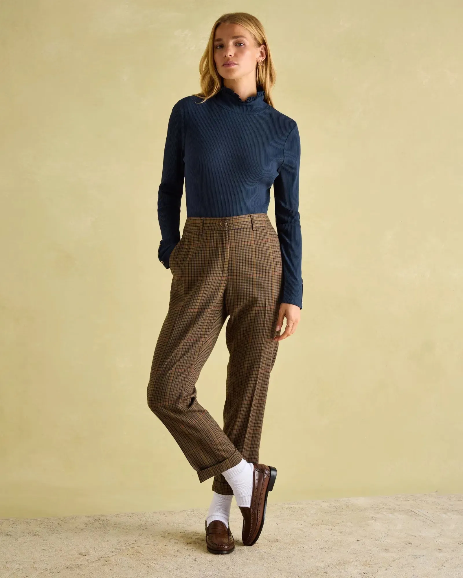 Amy Navy Ribbed Long Sleeve High Neck Jersey Top