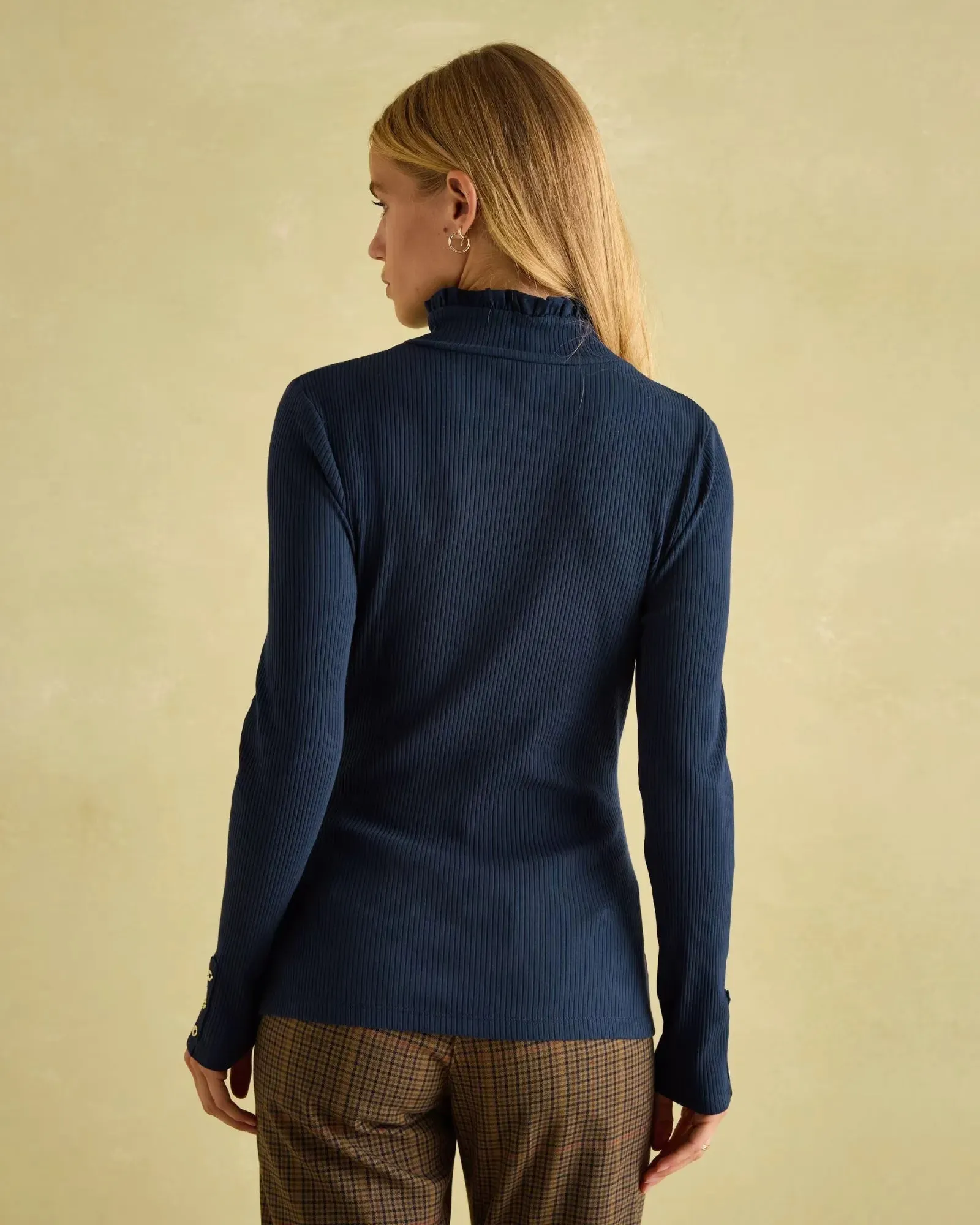 Amy Navy Ribbed Long Sleeve High Neck Jersey Top