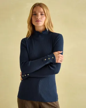 Amy Navy Ribbed Long Sleeve High Neck Jersey Top