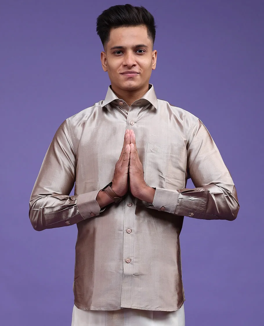 Beige plain design full-sleeve pure-silk shirt