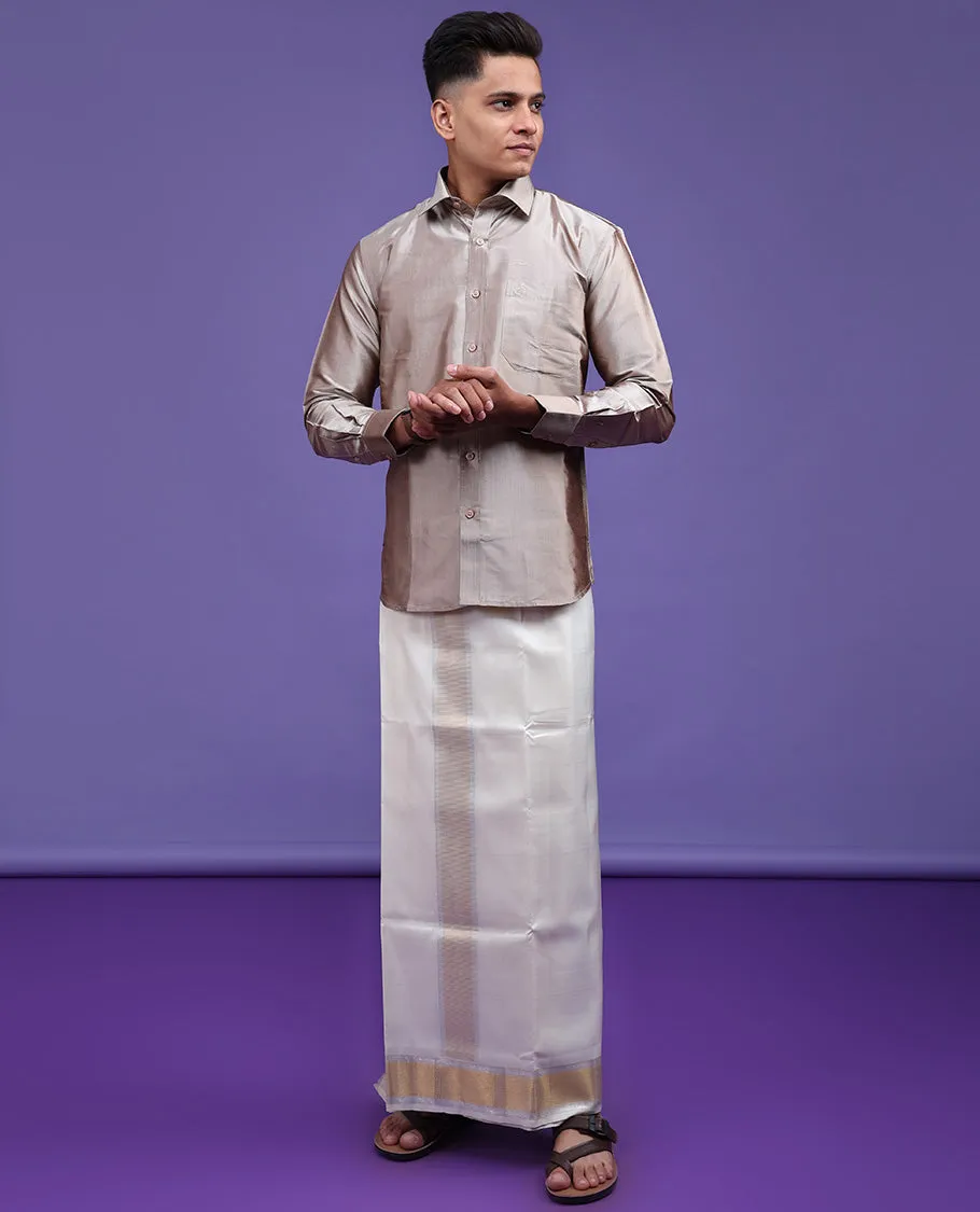 Beige plain design full-sleeve pure-silk shirt
