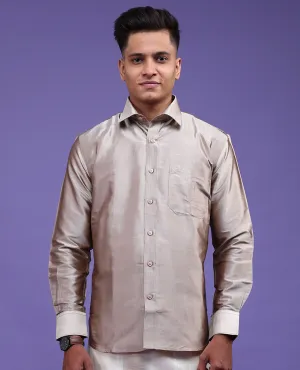Beige plain design full-sleeve pure-silk shirt