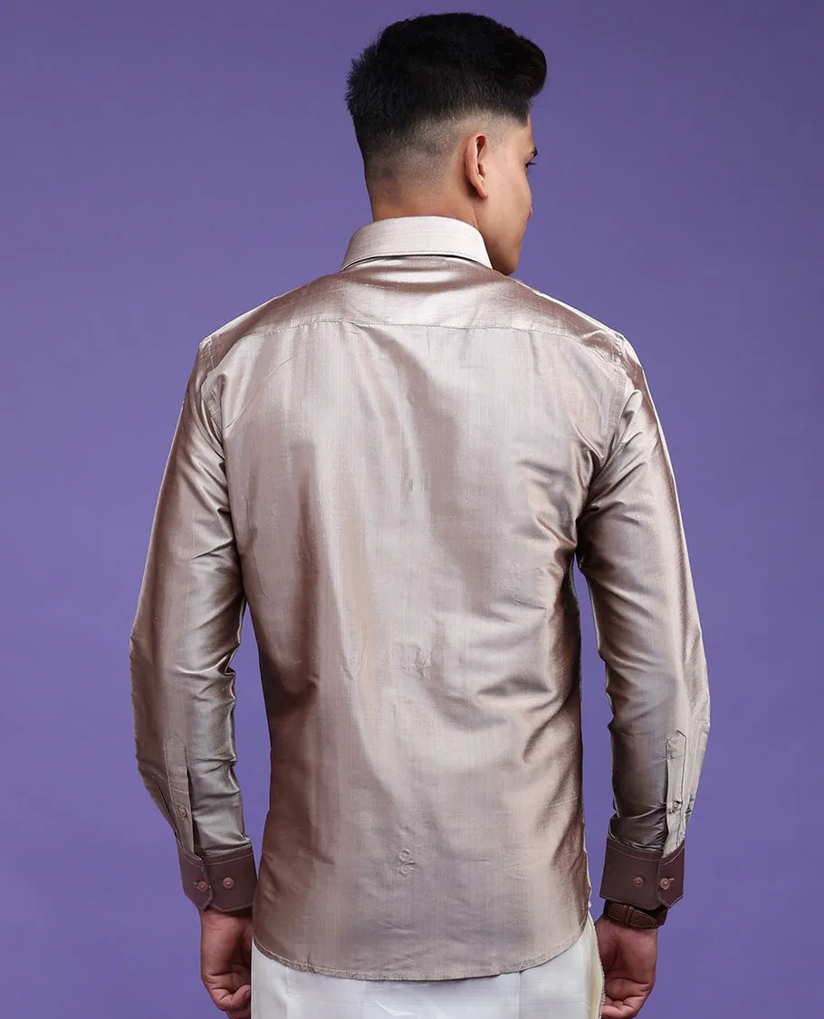 Beige plain design full-sleeve pure-silk shirt