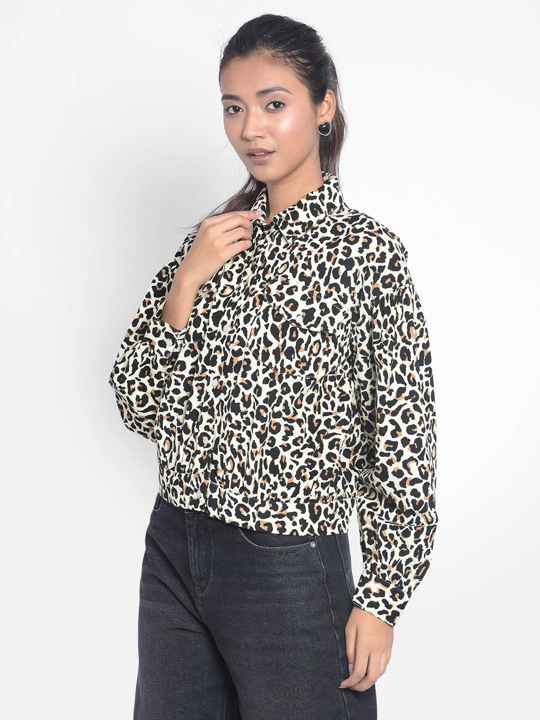 Black Leopard Printed Crop Length Shirts