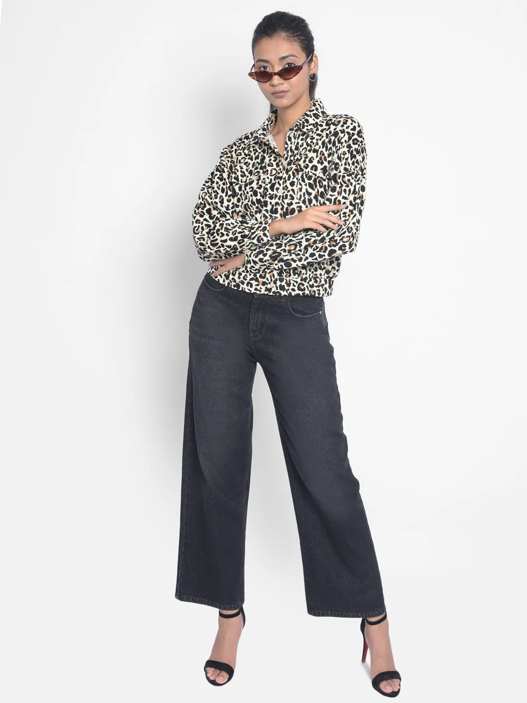 Black Leopard Printed Crop Length Shirts