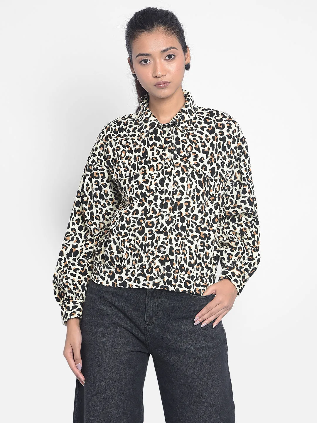 Black Leopard Printed Crop Length Shirts