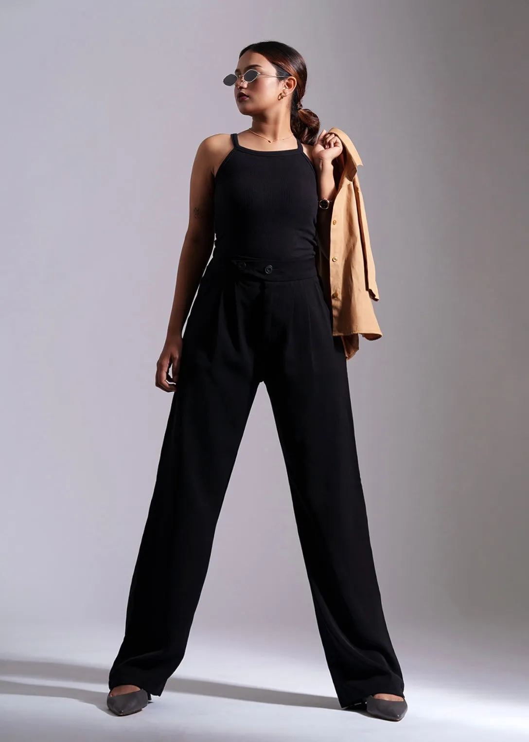 Black Tailored Pleat Korean Pants