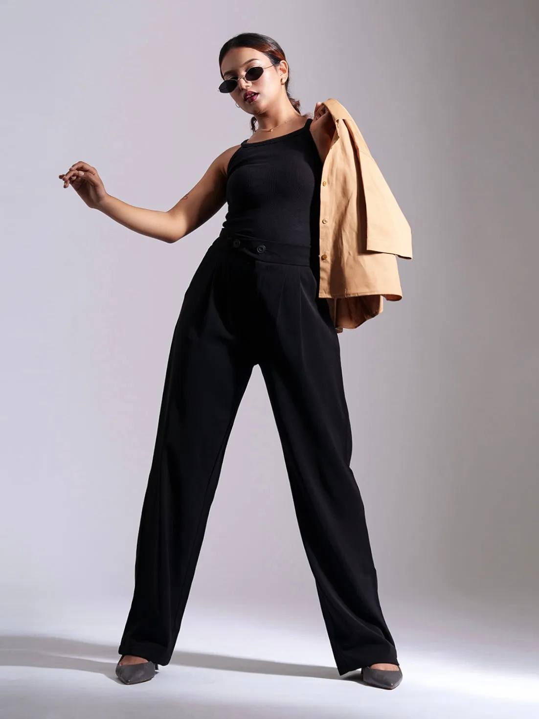 Black Tailored Pleat Korean Pants