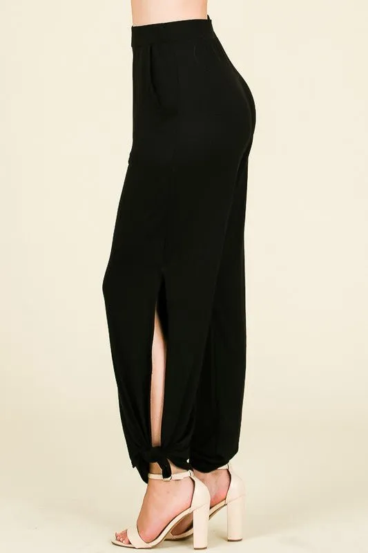 Black Tied Hem Pants with Side Split