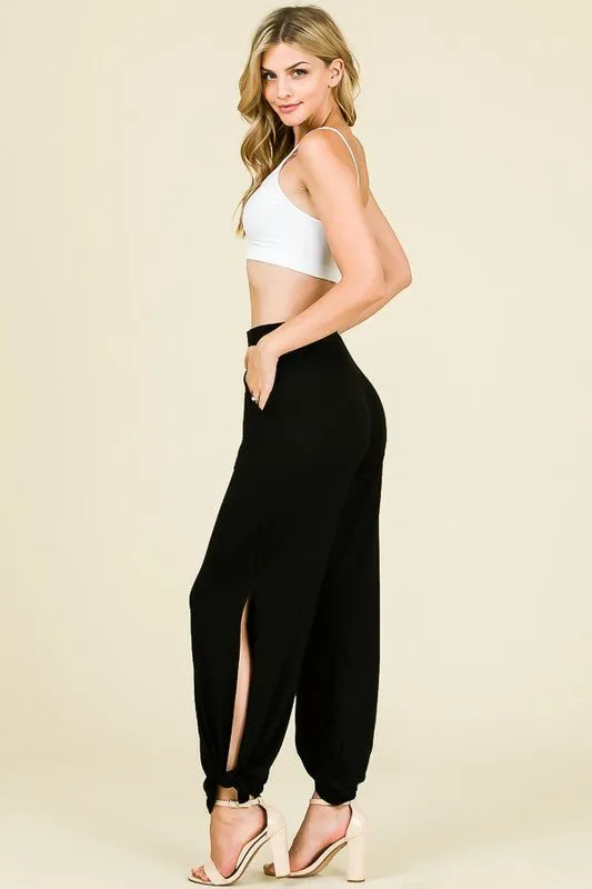 Black Tied Hem Pants with Side Split