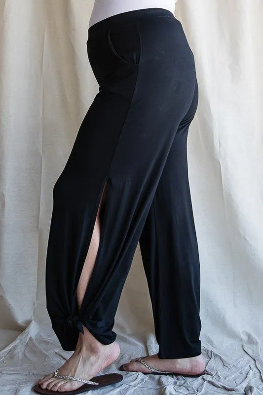 Black Tied Hem Pants with Side Split