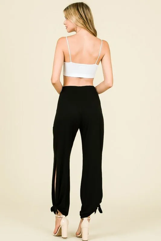 Black Tied Hem Pants with Side Split