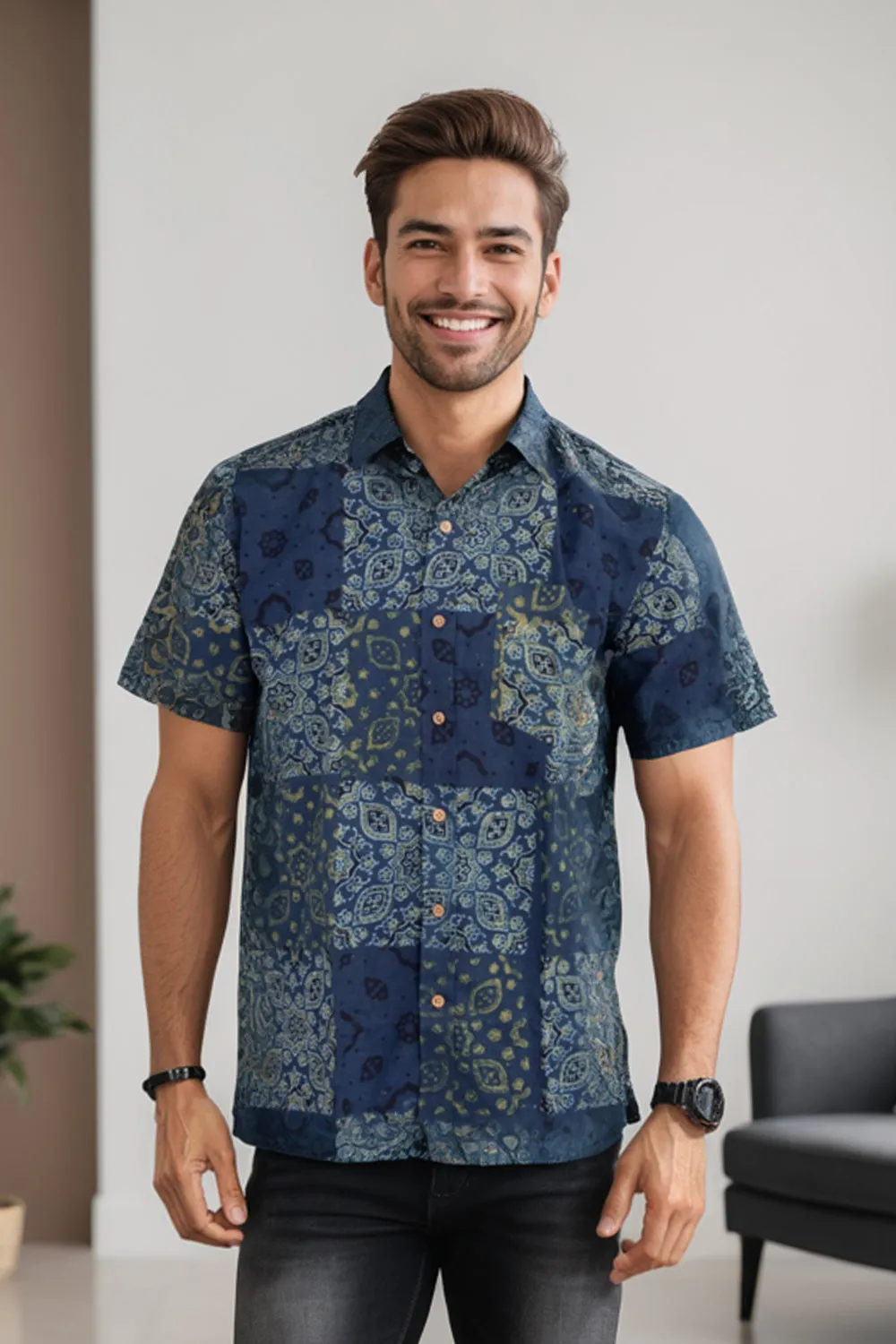 Blue Half Sleeve Ajrakh Printed Cotton Mens Shirt 10072713