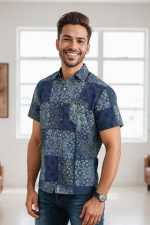 Blue Half Sleeve Ajrakh Printed Cotton Mens Shirt 10072713