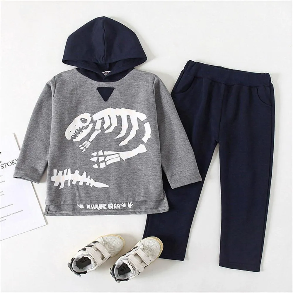 Boys Dinosaur Skeleton Printed  Hooded Long Sleeve Top & Pants Wholesale Trendy Childrens Clothing