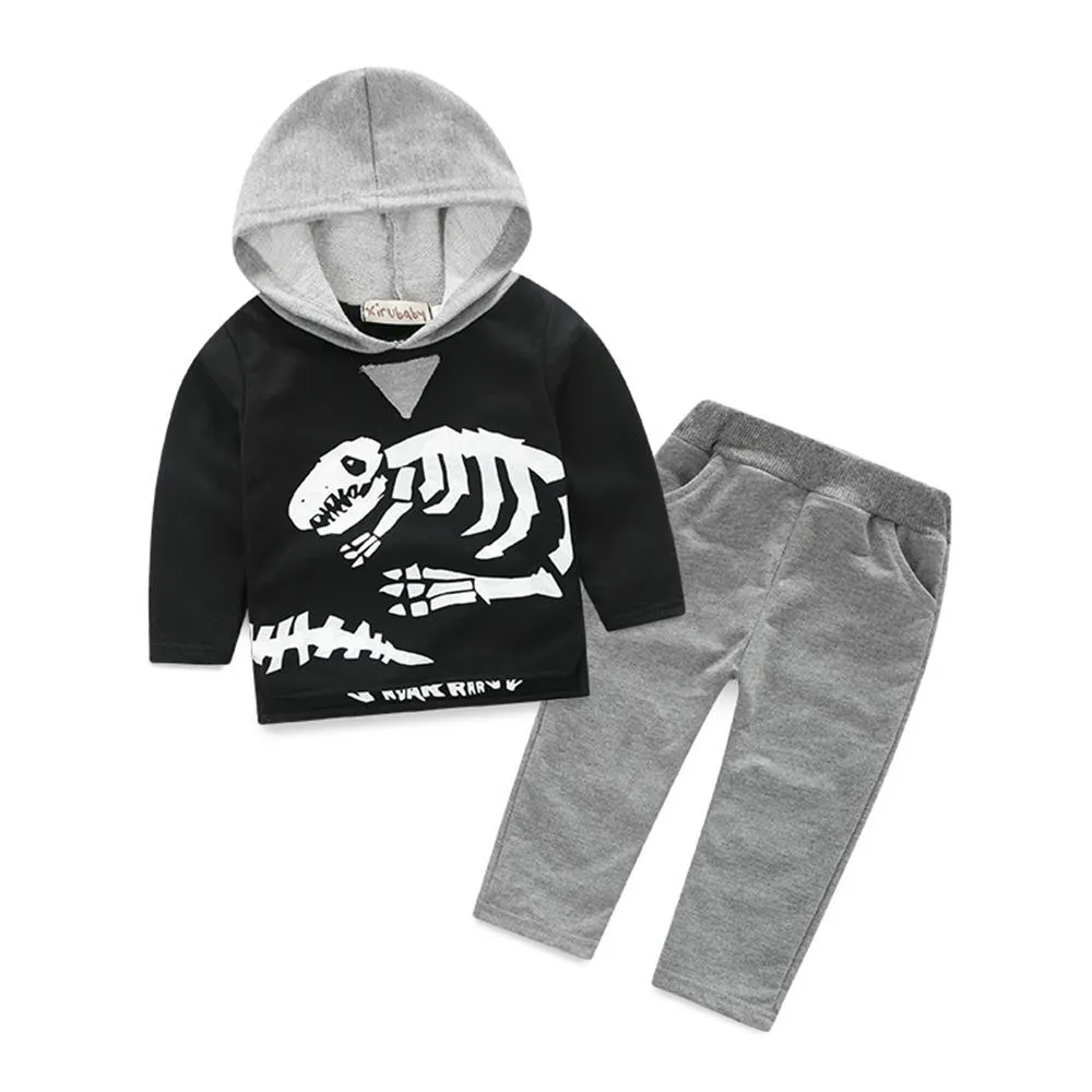 Boys Dinosaur Skeleton Printed  Hooded Long Sleeve Top & Pants Wholesale Trendy Childrens Clothing