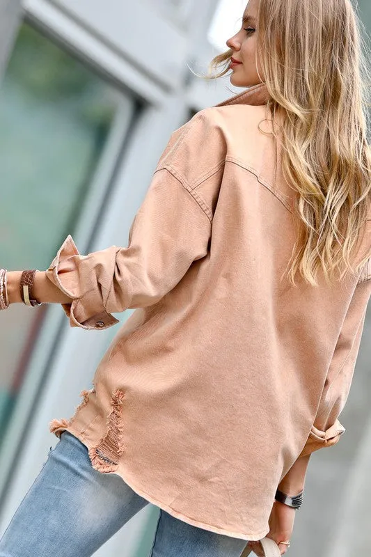 Camel distressed button down shirt jacket