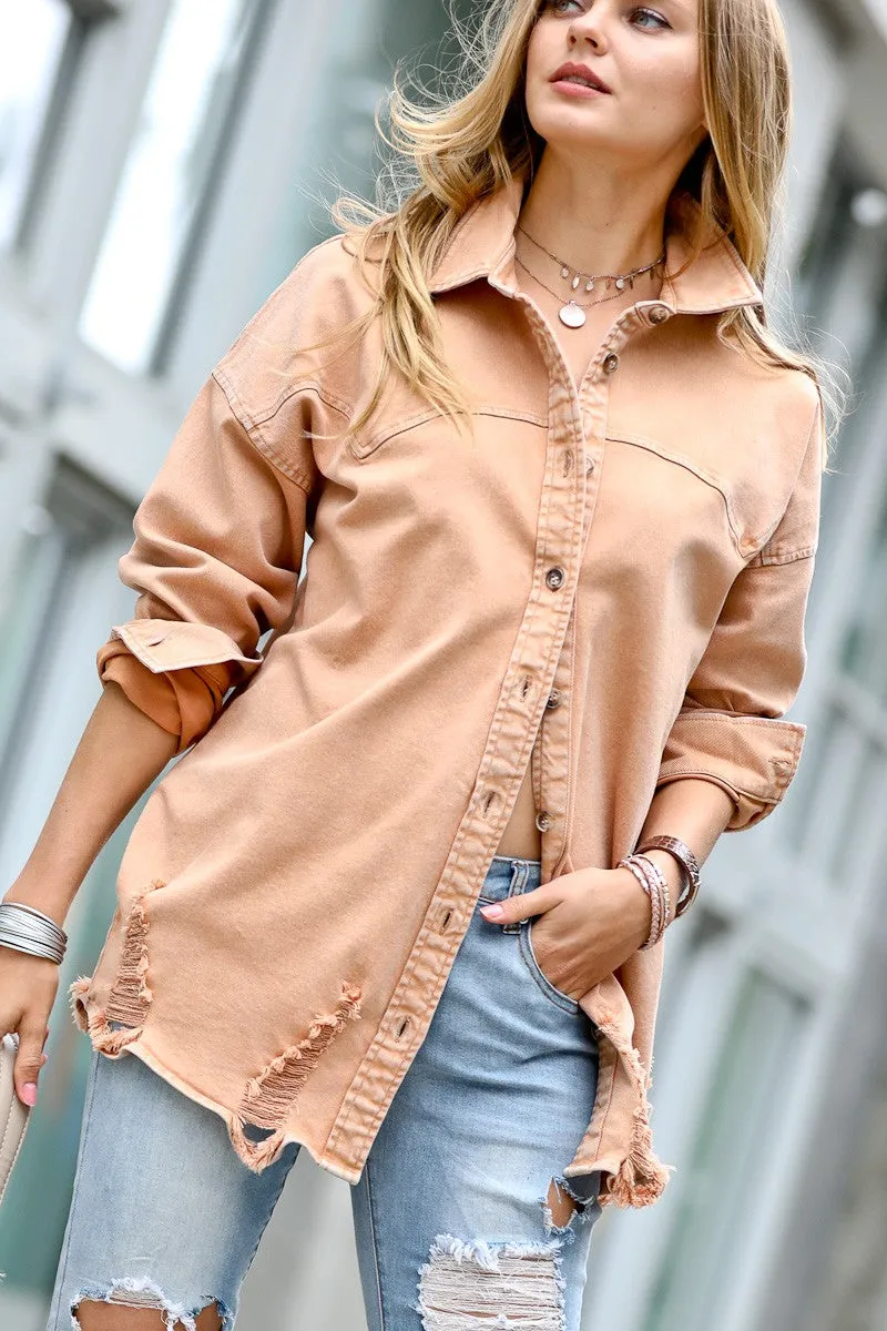 Camel distressed button down shirt jacket
