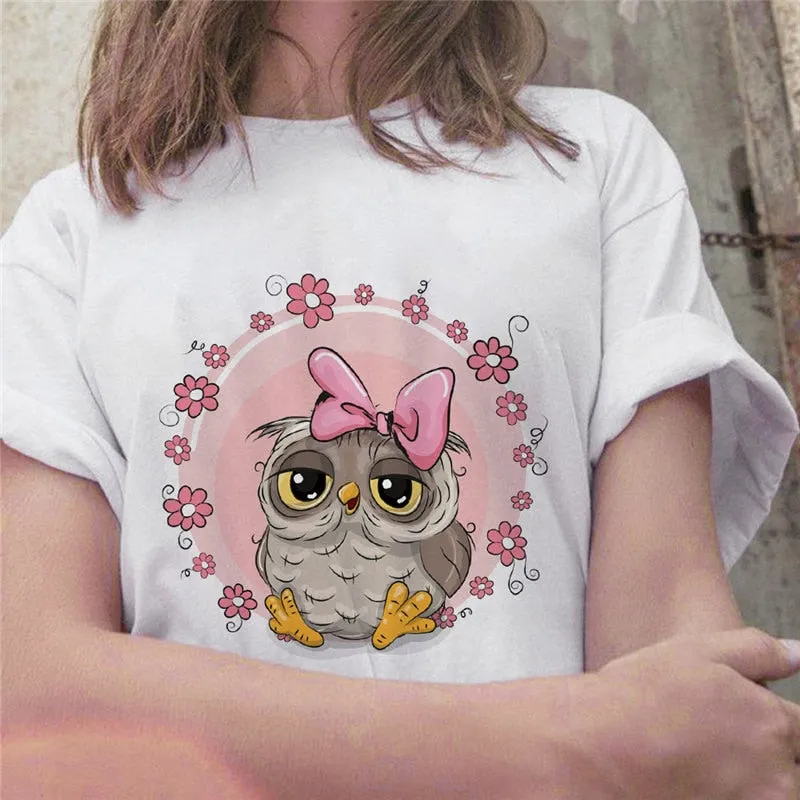 Cartoon Owl Graphic Printed Casual T Shirt