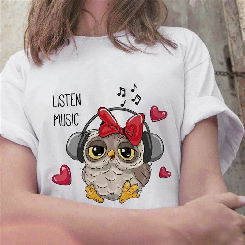 Cartoon Owl Graphic Printed Casual T Shirt