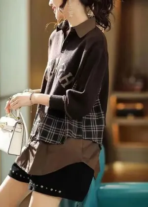Casual Coffee Peter Pan Collar False Two Pieces Knit Shirts Top Fall ML0993