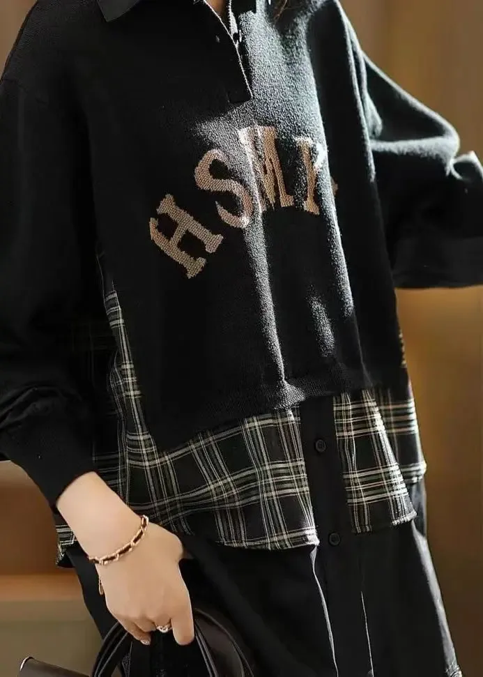 Casual Coffee Peter Pan Collar False Two Pieces Knit Shirts Top Fall ML0993