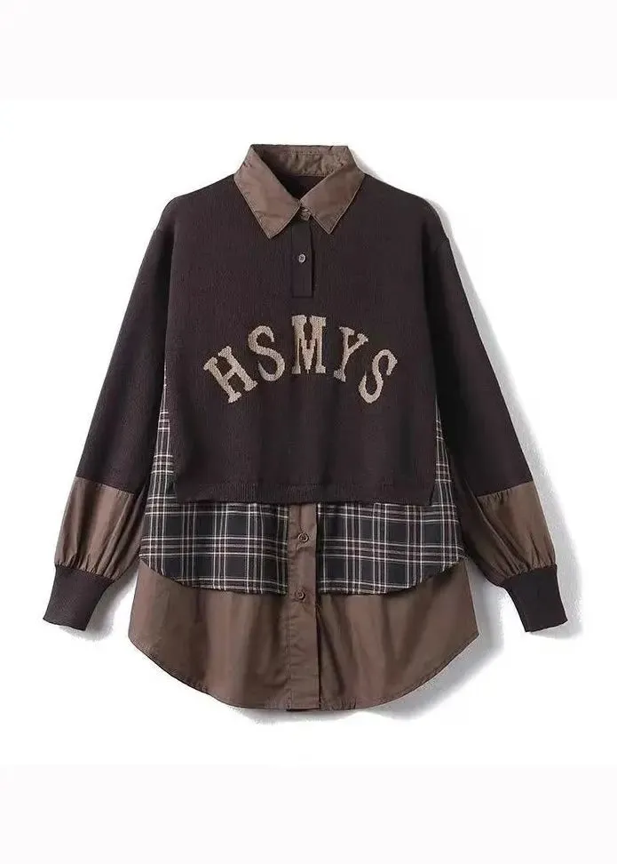 Casual Coffee Peter Pan Collar False Two Pieces Knit Shirts Top Fall ML0993