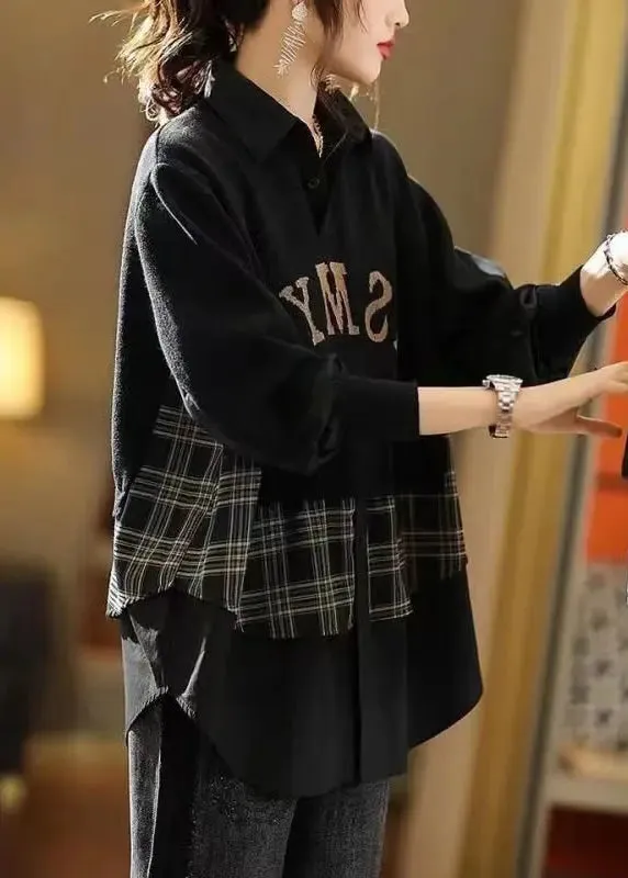 Casual Coffee Peter Pan Collar False Two Pieces Knit Shirts Top Fall ML0993