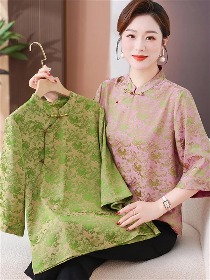 Chinese Style Stand Color Knot Button Elegant Shirt for Women