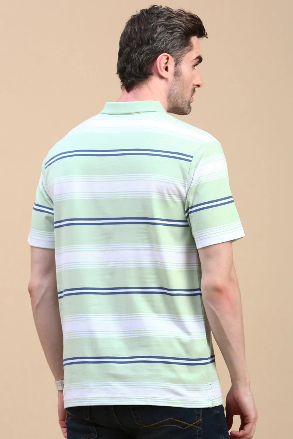 Classic Polo Men's Half Sleeve Green/White Polo Neck Authentic Fit Striped T-Shirt | AVON - 605 B AF P