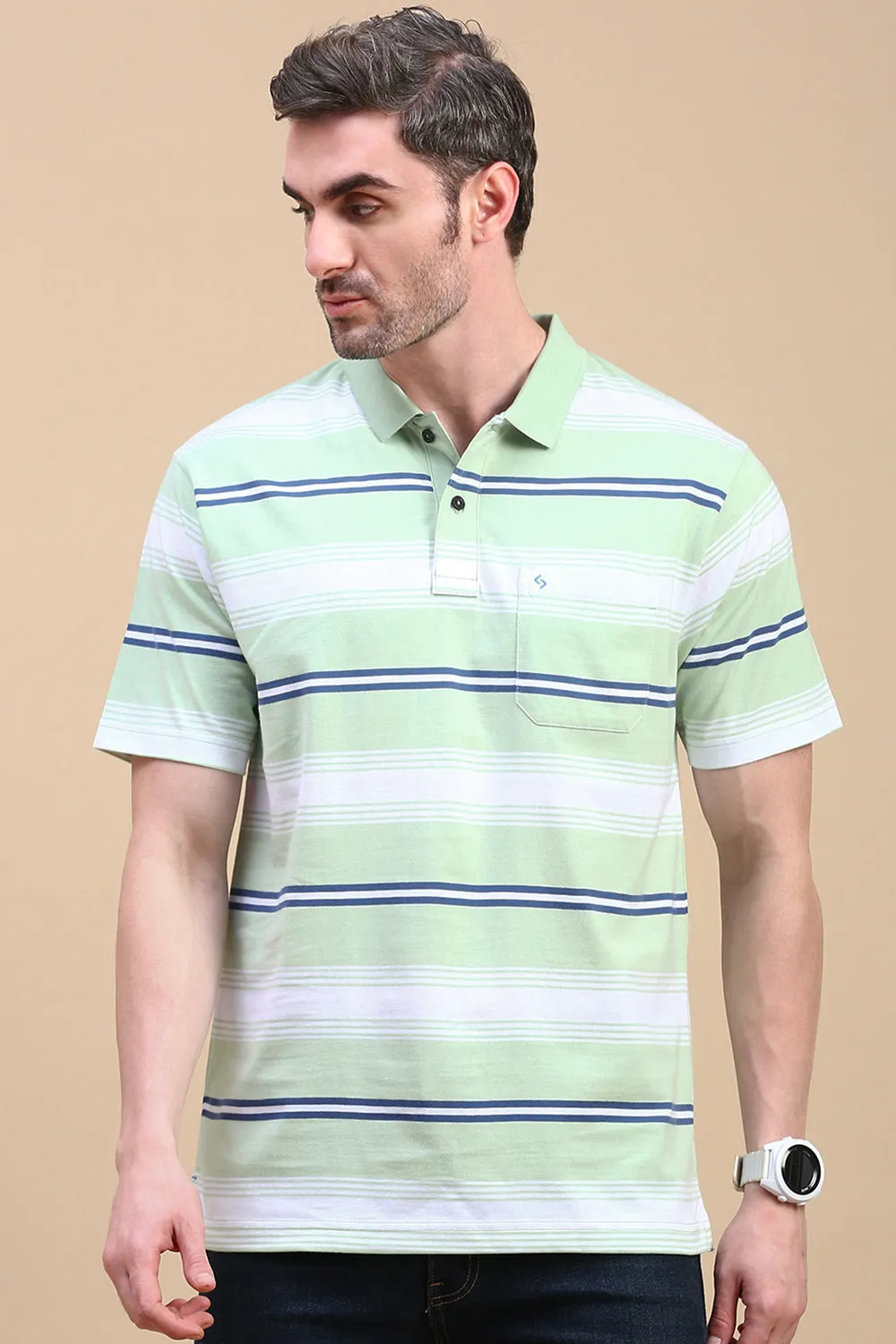 Classic Polo Men's Half Sleeve Green/White Polo Neck Authentic Fit Striped T-Shirt | AVON - 605 B AF P