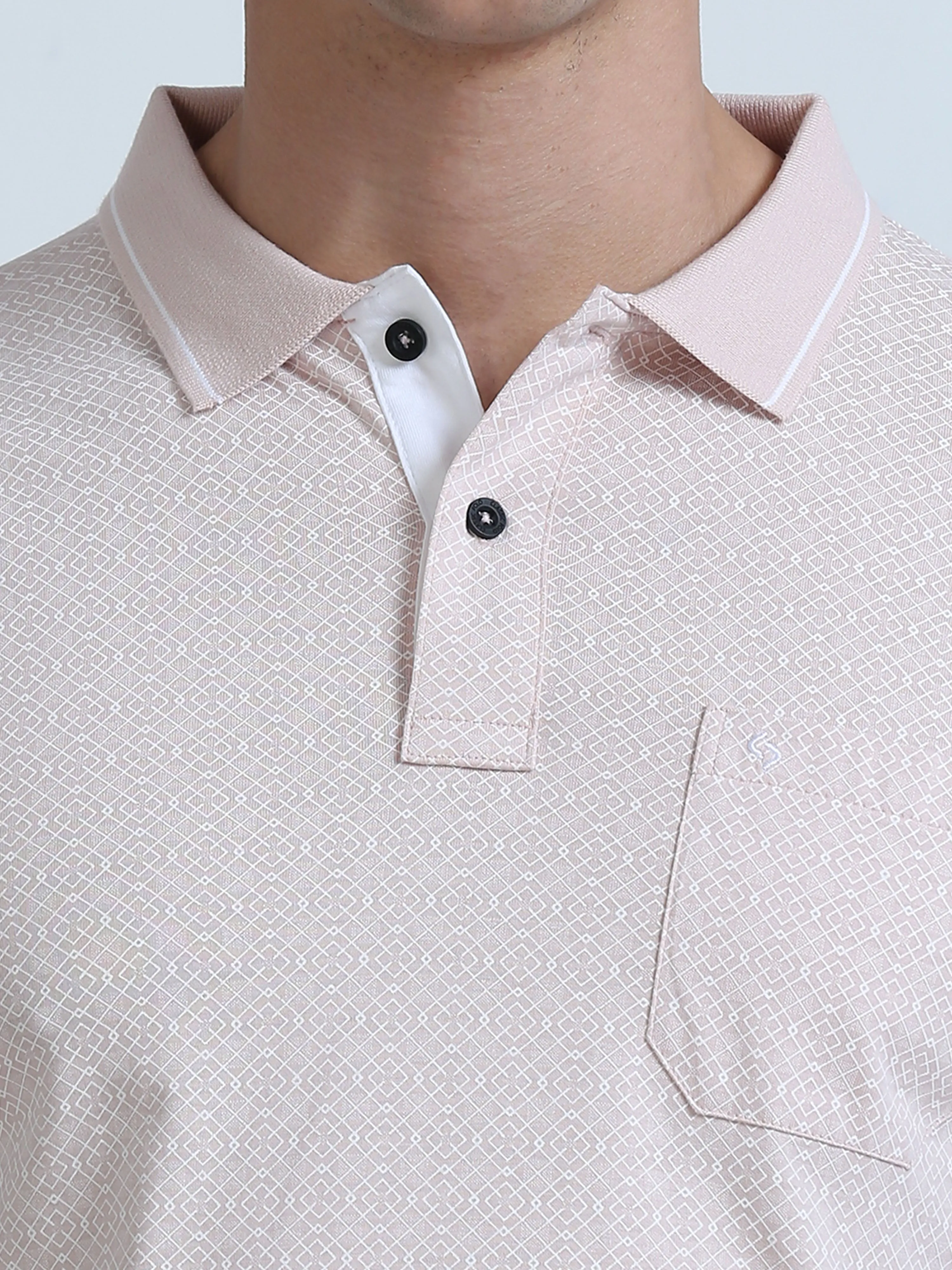 Classic Polo Men's Polo Neck Cotton Lt. Peach/White Slim Fit Printed T-Shirt | BELLO-253 A SF P