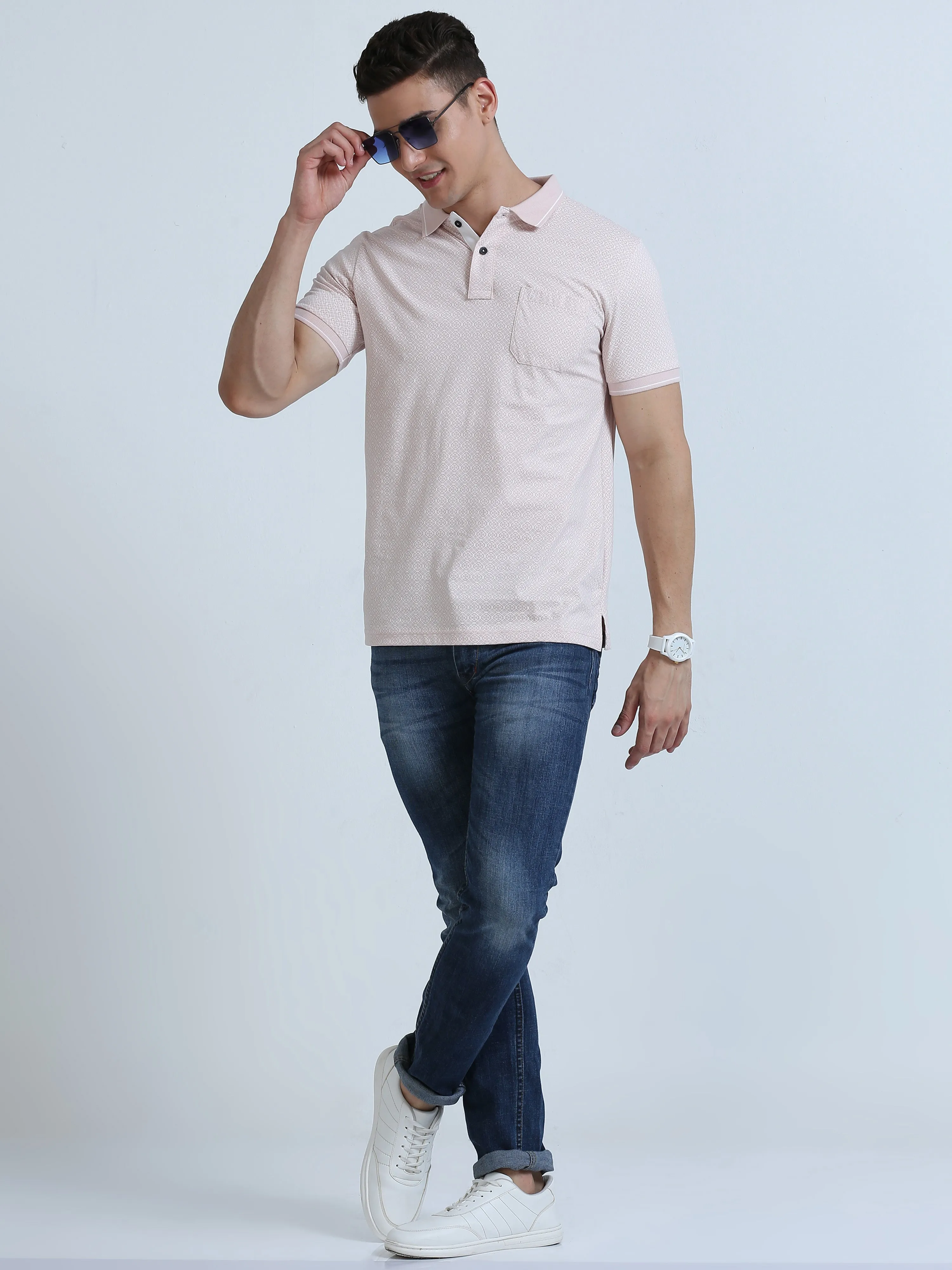 Classic Polo Men's Polo Neck Cotton Lt. Peach/White Slim Fit Printed T-Shirt | BELLO-253 A SF P