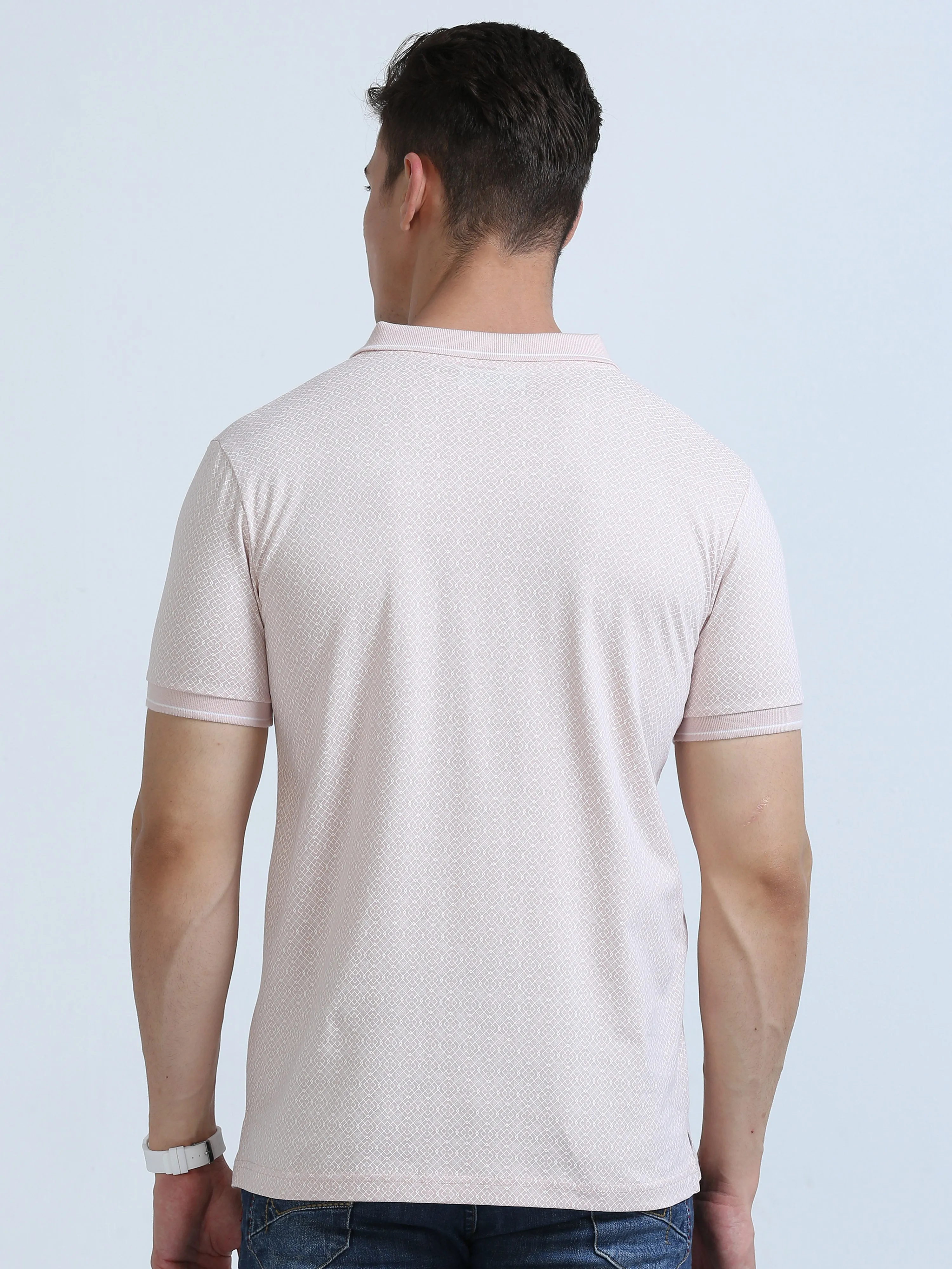 Classic Polo Men's Polo Neck Cotton Lt. Peach/White Slim Fit Printed T-Shirt | BELLO-253 A SF P