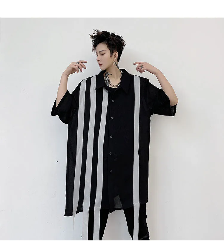 Contrast Stripe Patchwork Decorated Shirt