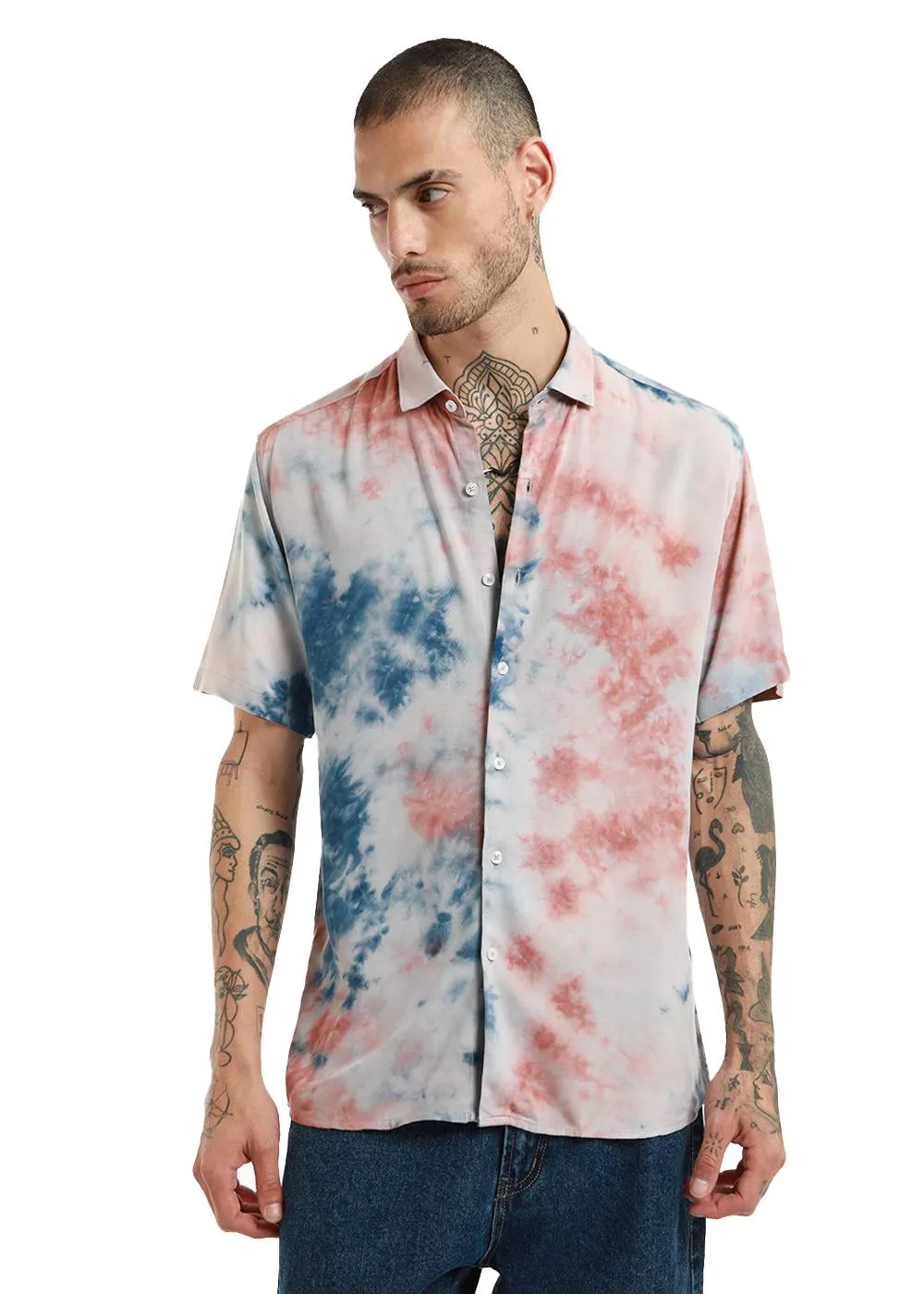 Coral Red Tie Dye Half Sleeve Shirt