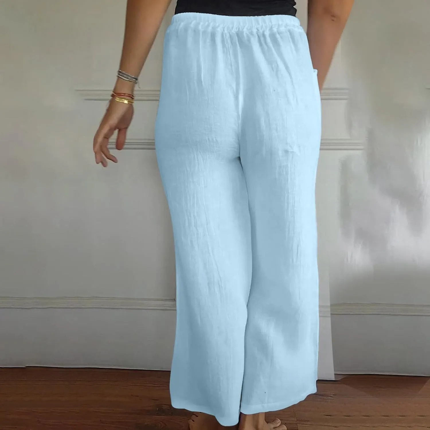 Cotton Line Drawstring Waist Linen Pants for Women High Waist Relaxed Fit Casual Trousers with Pockets