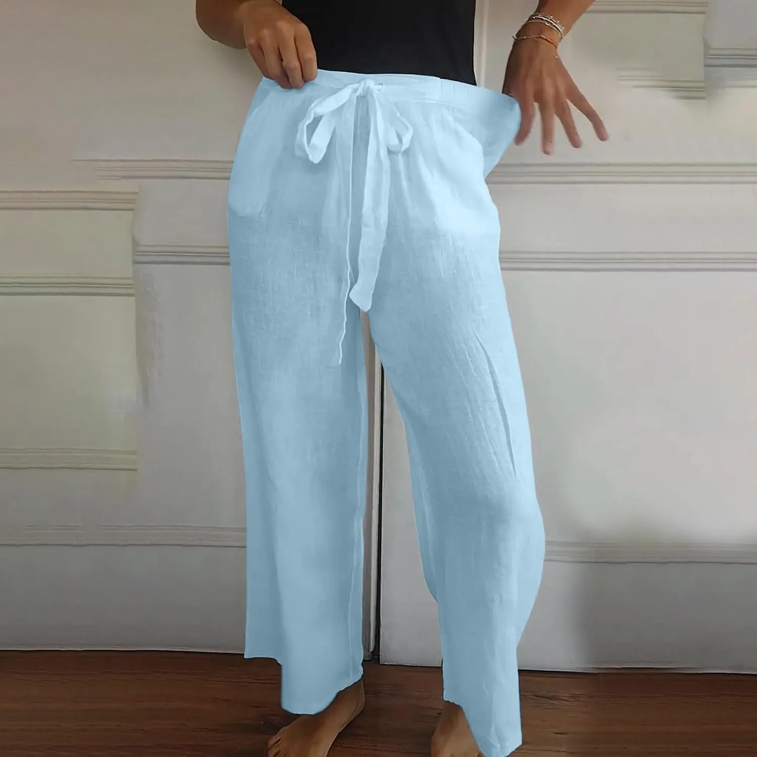 Cotton Line Drawstring Waist Linen Pants for Women High Waist Relaxed Fit Casual Trousers with Pockets