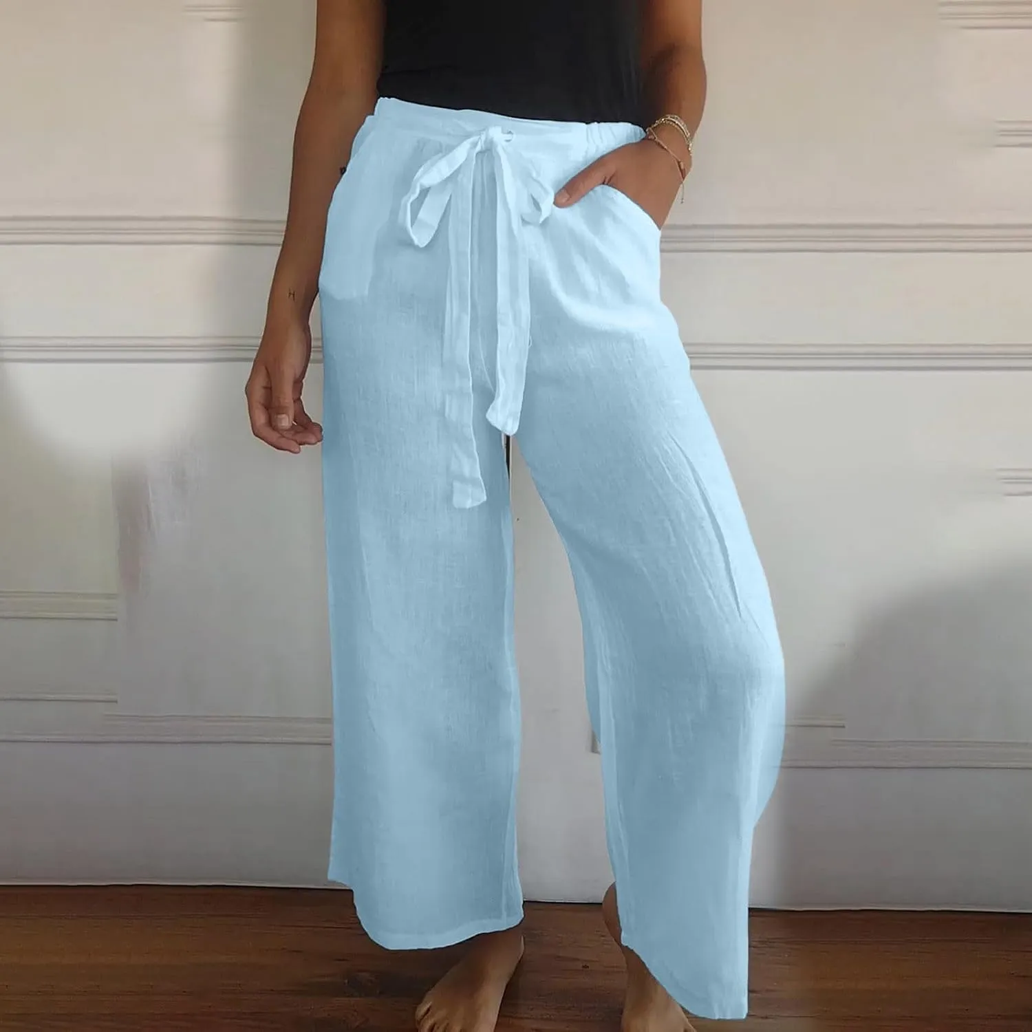 Cotton Line Drawstring Waist Linen Pants for Women High Waist Relaxed Fit Casual Trousers with Pockets