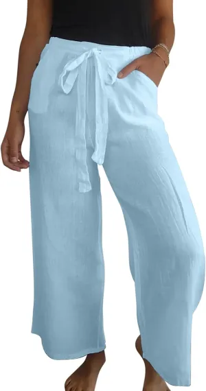 Cotton Line Drawstring Waist Linen Pants for Women High Waist Relaxed Fit Casual Trousers with Pockets