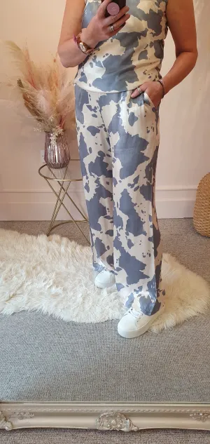 Cow Print Wide Pants - Grey/Cream