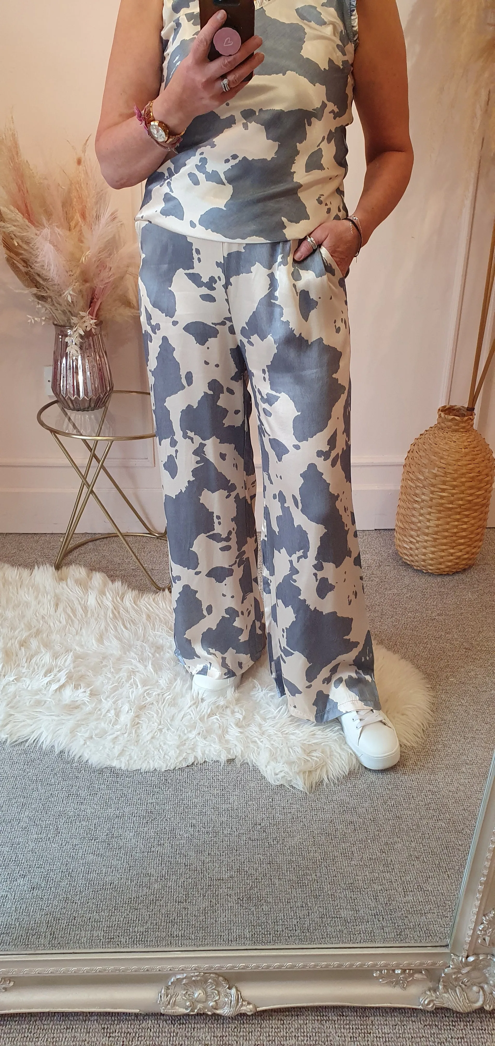 Cow Print Wide Pants - Grey/Cream