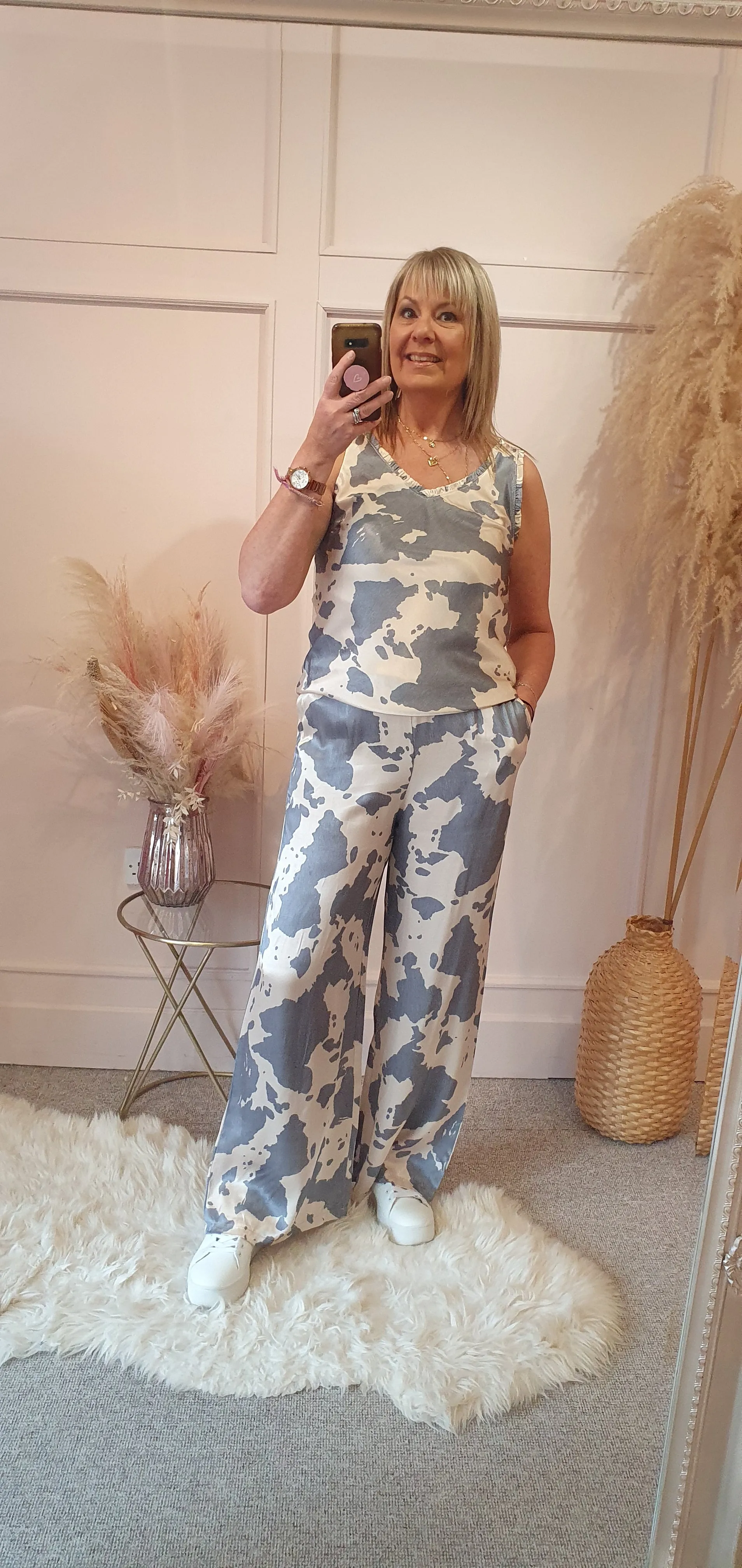 Cow Print Wide Pants - Grey/Cream
