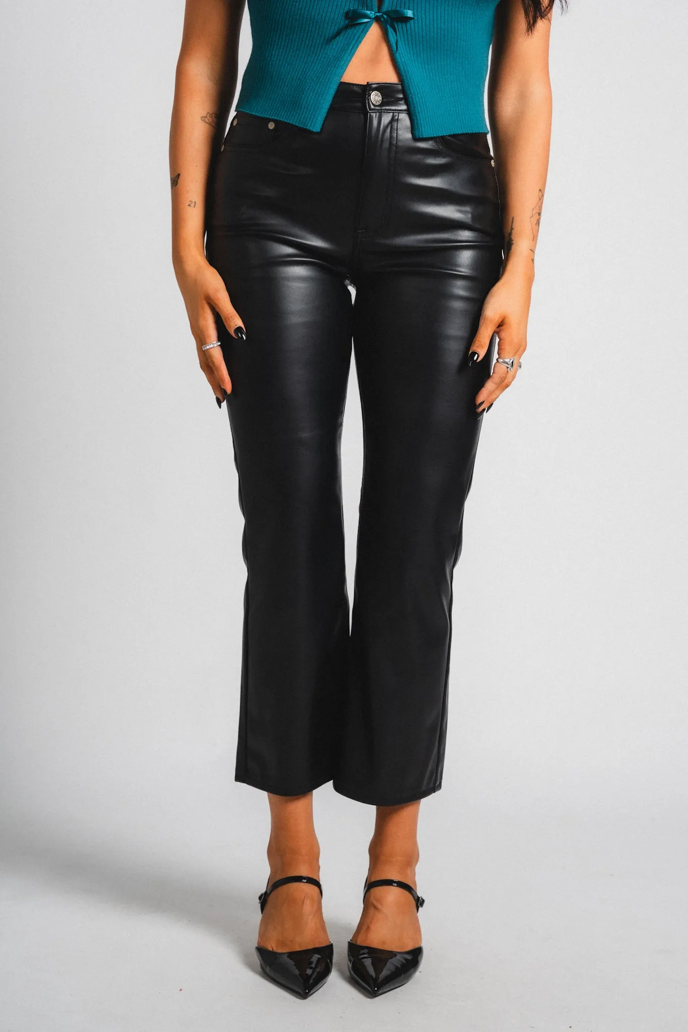 Daze Shygirl faux leather high rise crop flare pants cinematic